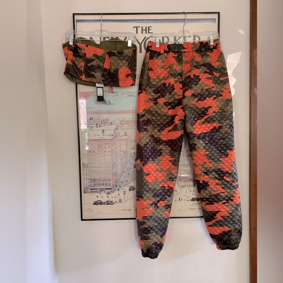 NWT Fashion Nova Camo 2 piece quilted bustier and pant hit of orange & shine  L - Picture 7 of 14